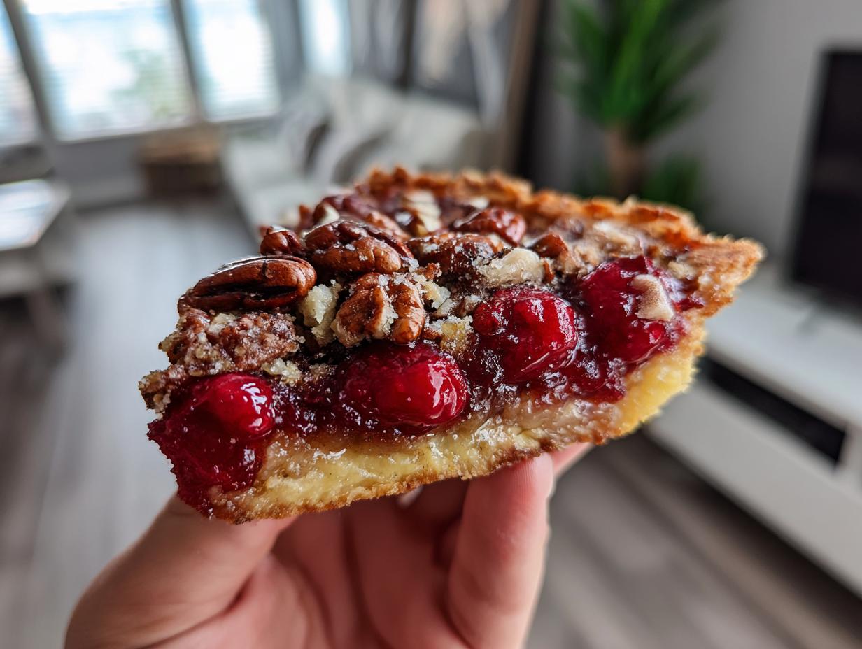 A close-up of a slice of pecan pie dump cake, showing a flaky crust filled with cherries and topped with pecans.