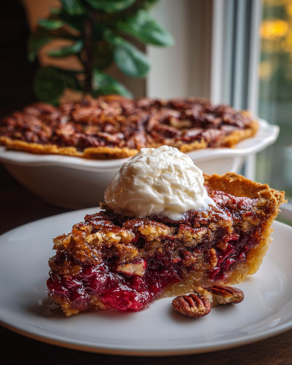A delicious slice of pecan pie dump cake topped with a scoop of vanilla ice cream and a few pecans on the side.