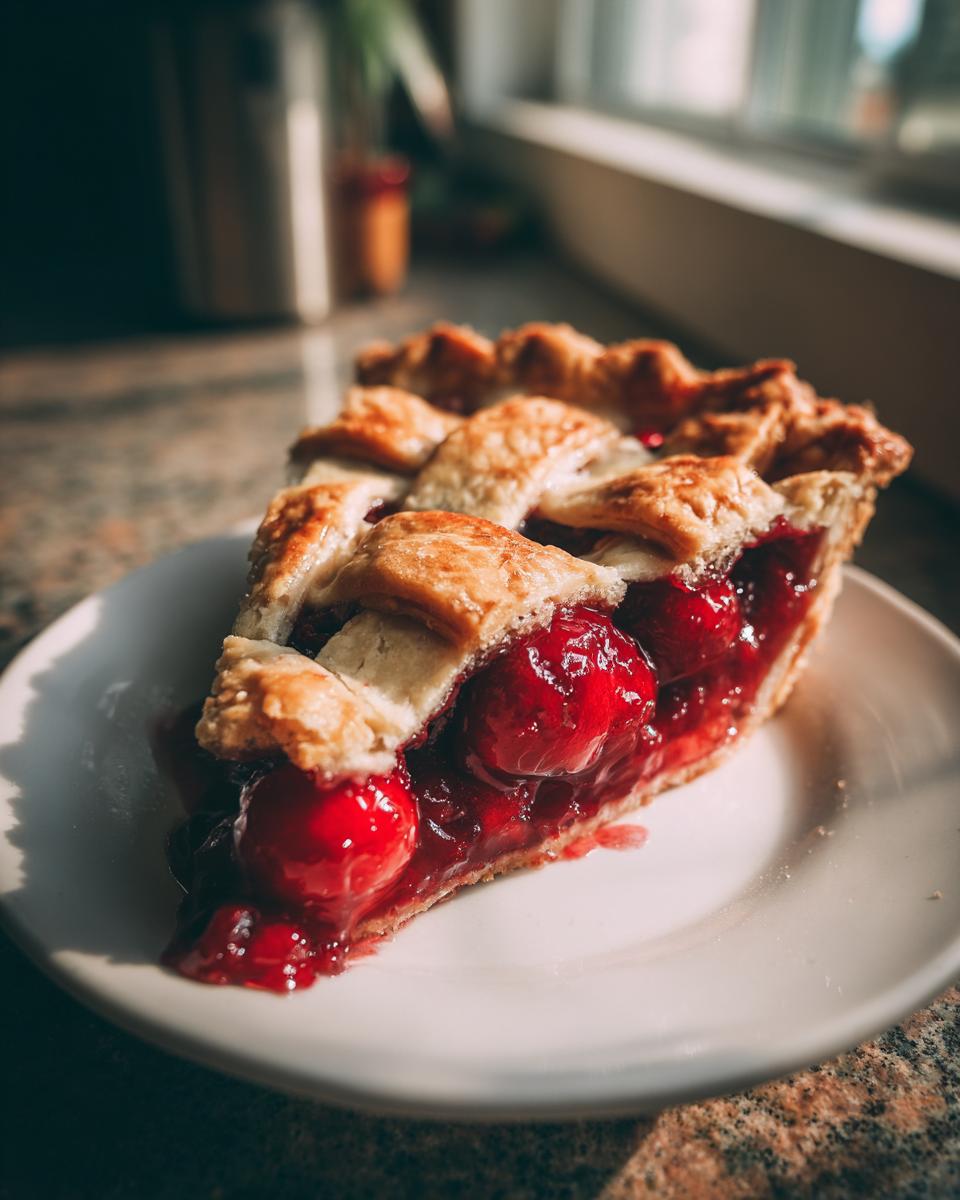 A close-up of a slice of perfect cherry pie with a lattice crust, showcasing whole cherries and a hint of almond.