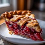 A close-up of a slice of perfect cherry pie with a golden lattice crust, showcasing the juicy cherry filling.