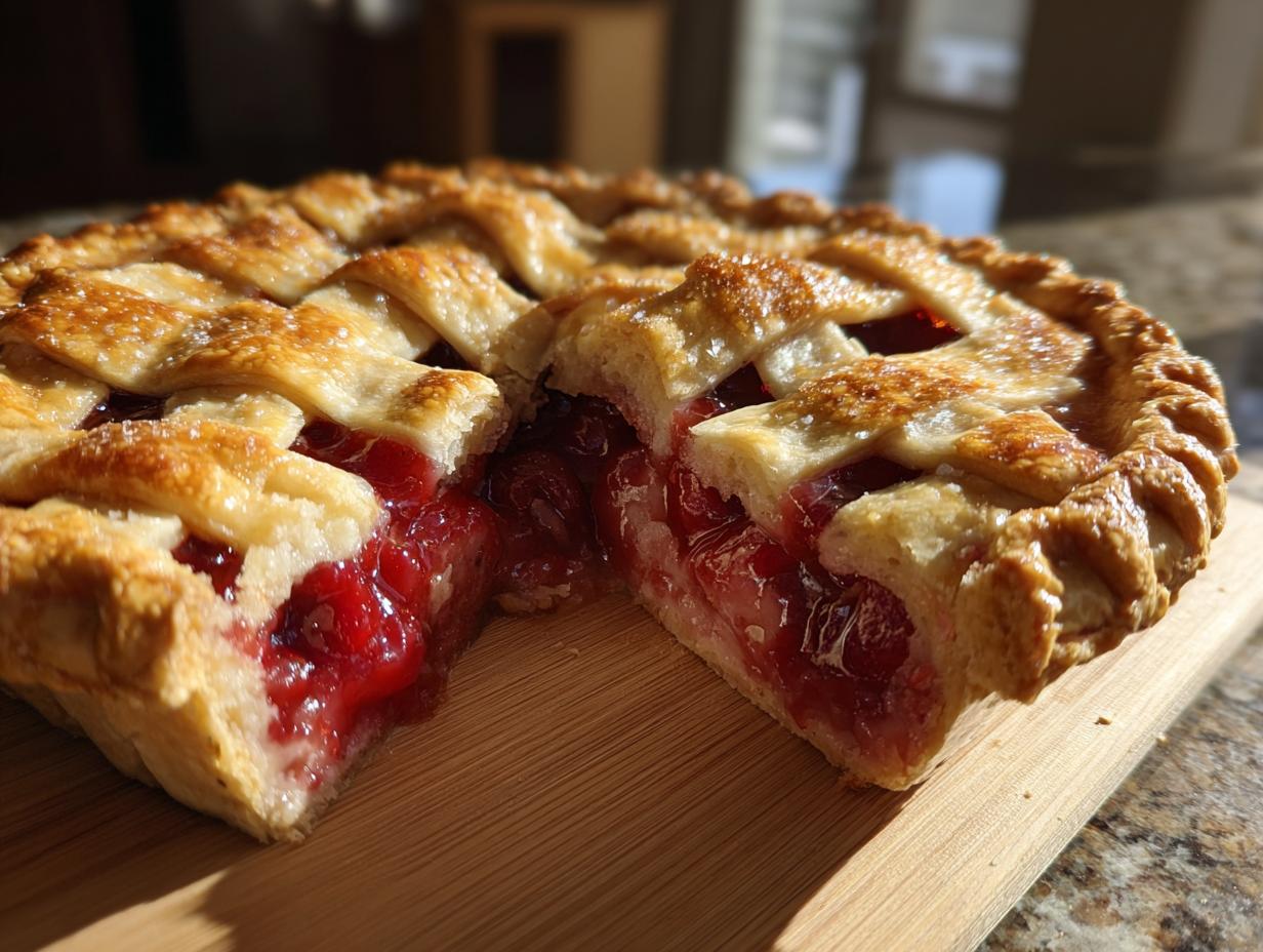 A close-up of a freshly baked cherry pie with a golden lattice crust, showing the juicy cherry filling.