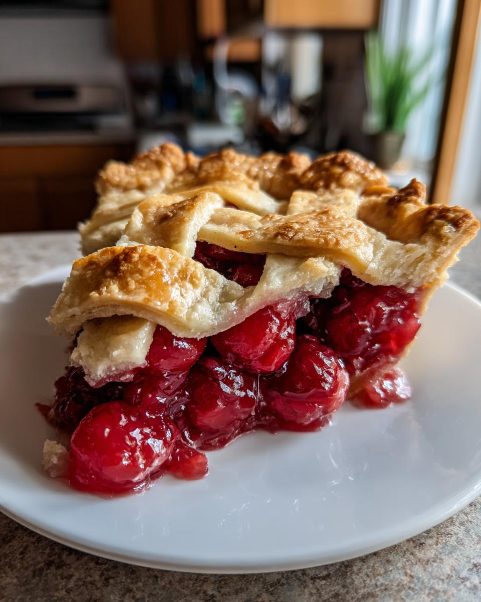 A close-up of a slice of perfect cherry pie, showcasing the flaky crust and abundant cherry filling with an almond twist.