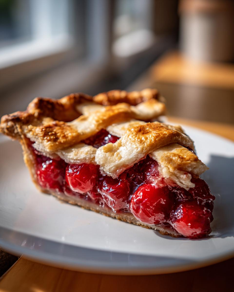 A slice of perfect cherry pie on a white plate, featuring a flaky lattice crust and a generous filling of bright red cherries.