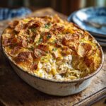 A close-up of a bubbling Tuna Casserole in a baking dish, topped with melted cheese and crispy potato chips.
