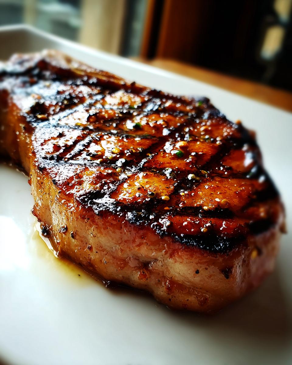 A close-up of a perfectly grilled pork chop, glistening with a rich marinade and grill marks.