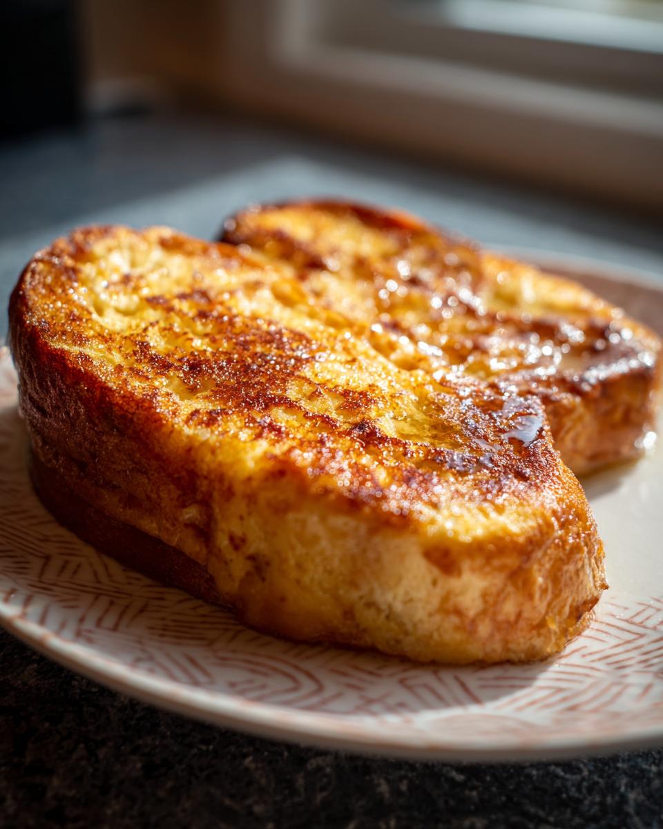 Two golden-brown slices of protein french toast drizzled with syrup on a patterned plate.