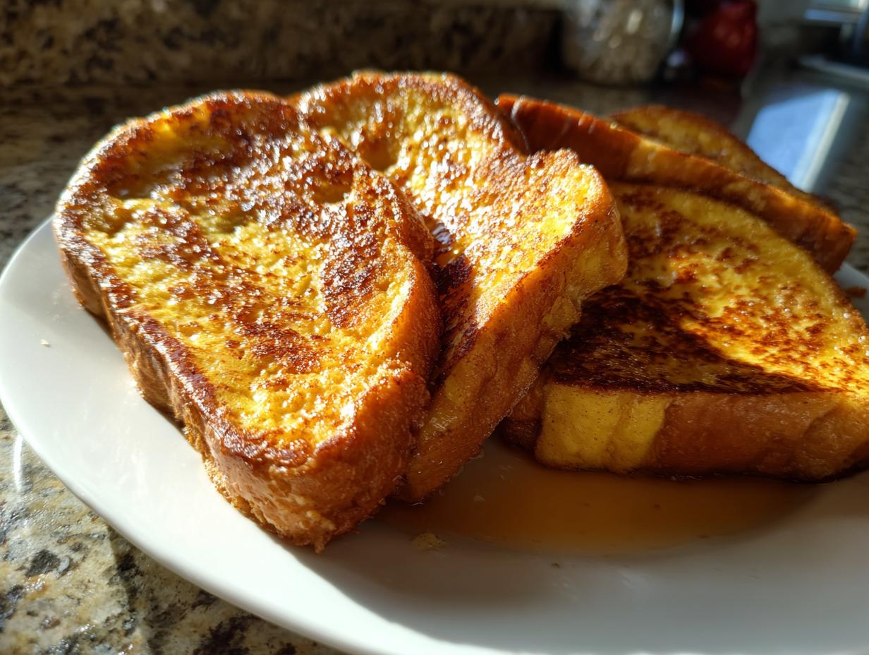 Close-up of golden-brown protein French toast slices stacked on a white plate with syrup.