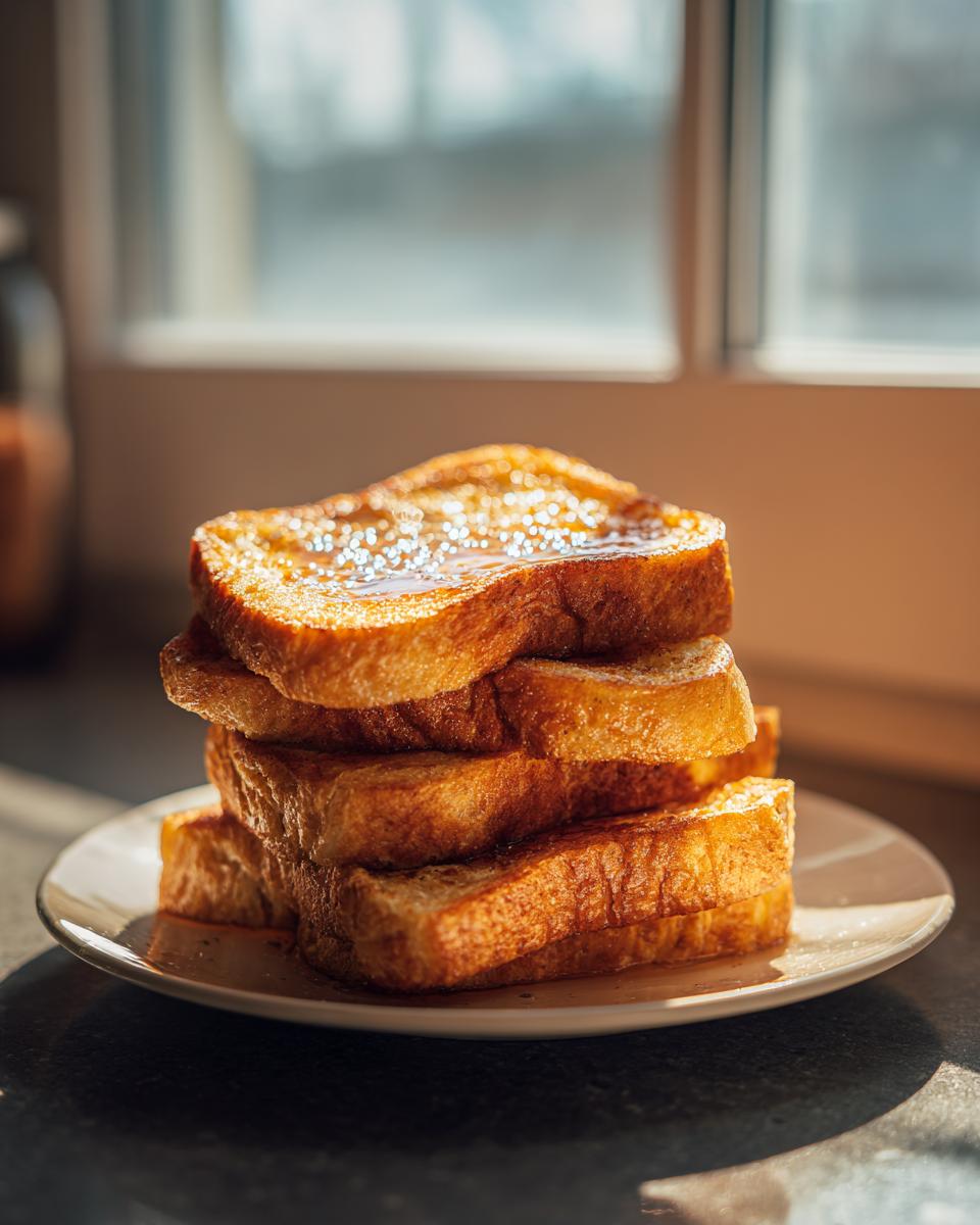 A stack of golden-brown protein French toast slices drizzled with syrup, ready to eat.