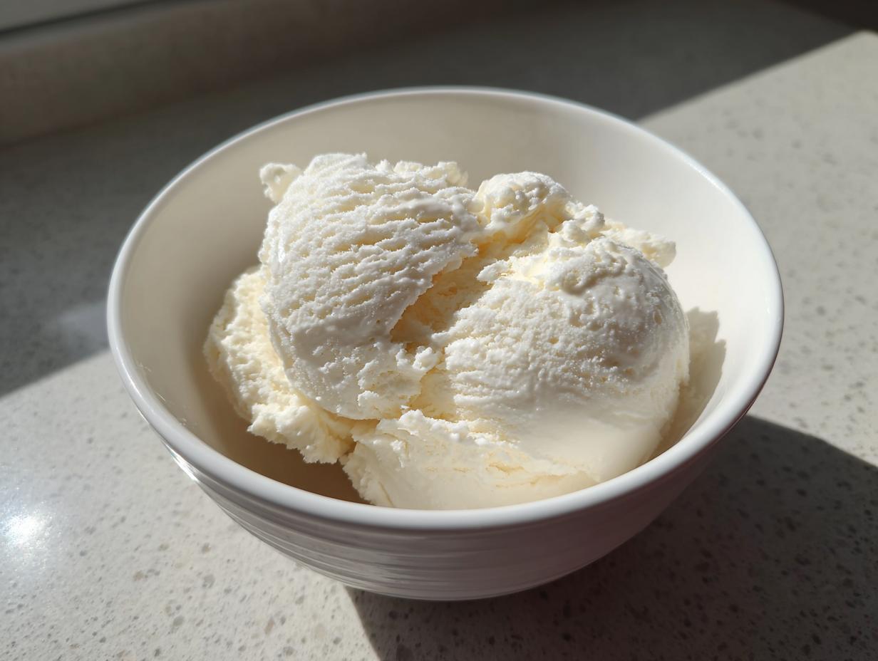 A white bowl filled with creamy scoops of vanilla protein ice cream, bathed in sunlight.