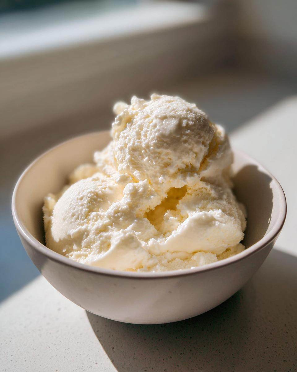 A close-up of a light-colored bowl filled with scoops of creamy protein ice cream, lit by natural light.
