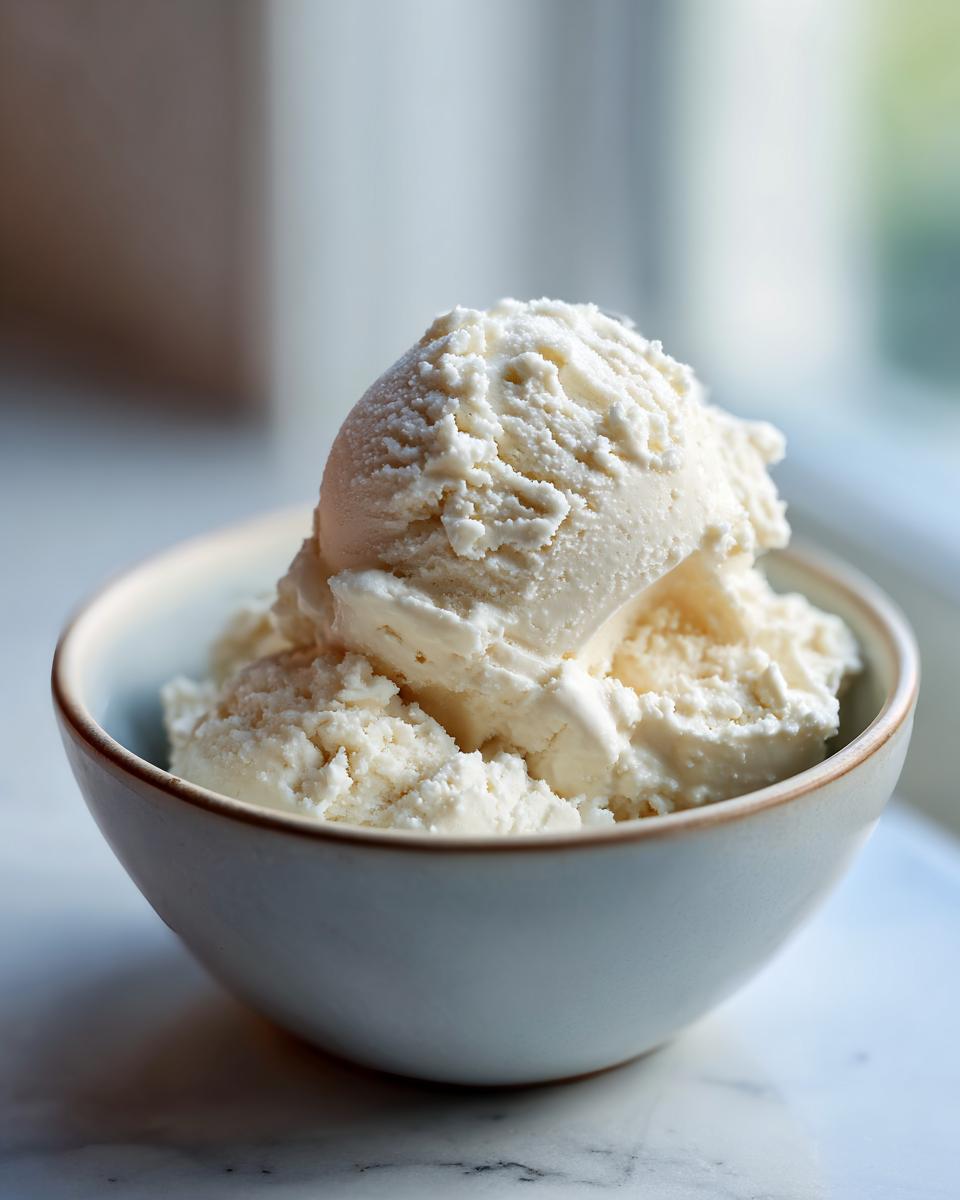 Close-up of fluffy scoops of vanilla protein ice cream in a light blue bowl.