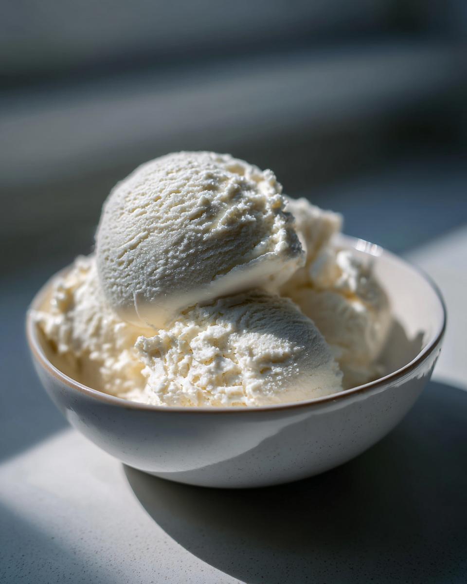 Close-up of creamy white protein ice cream scoops in a speckled bowl, bathed in natural light.