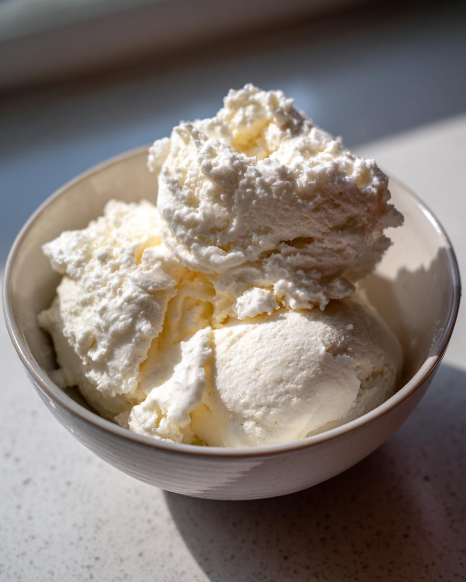 A bowl filled with scoops of creamy, white protein ice cream, ready to be enjoyed.