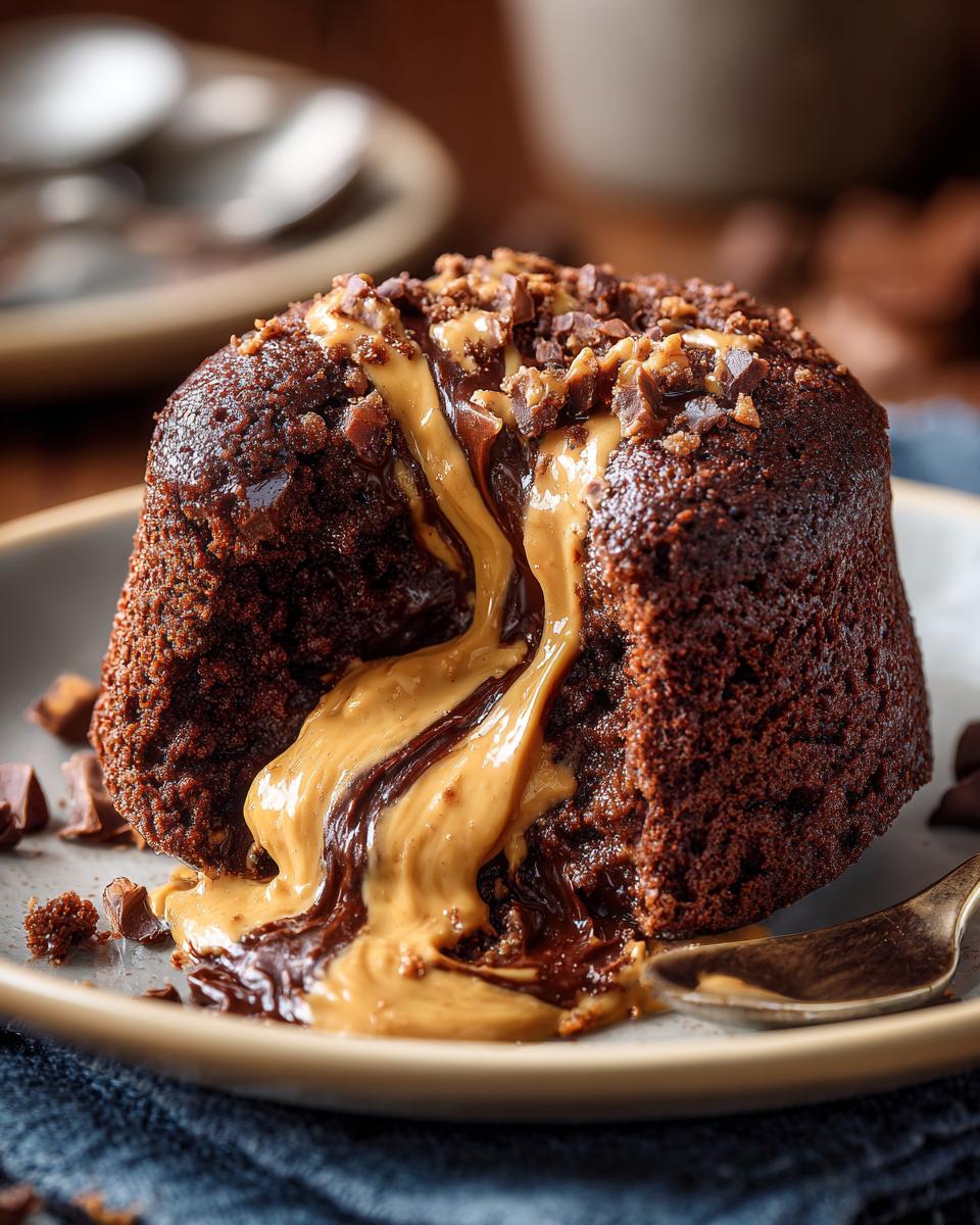 A rich chocolate protein mug cake with a gooey peanut butter and chocolate lava center, topped with chopped nuts.