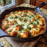 Close-up of a bubbling Pumpkin Gnocchi Bake in a cast iron skillet, topped with melted cheese and parsley.
