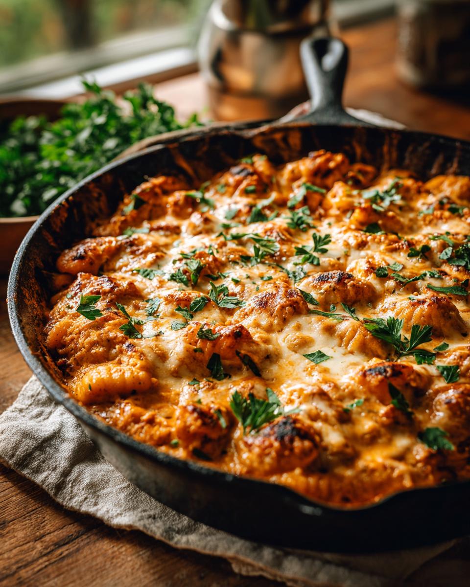 A close-up of a bubbling pumpkin gnocchi bake in a cast-iron skillet, topped with melted cheese and fresh parsley.