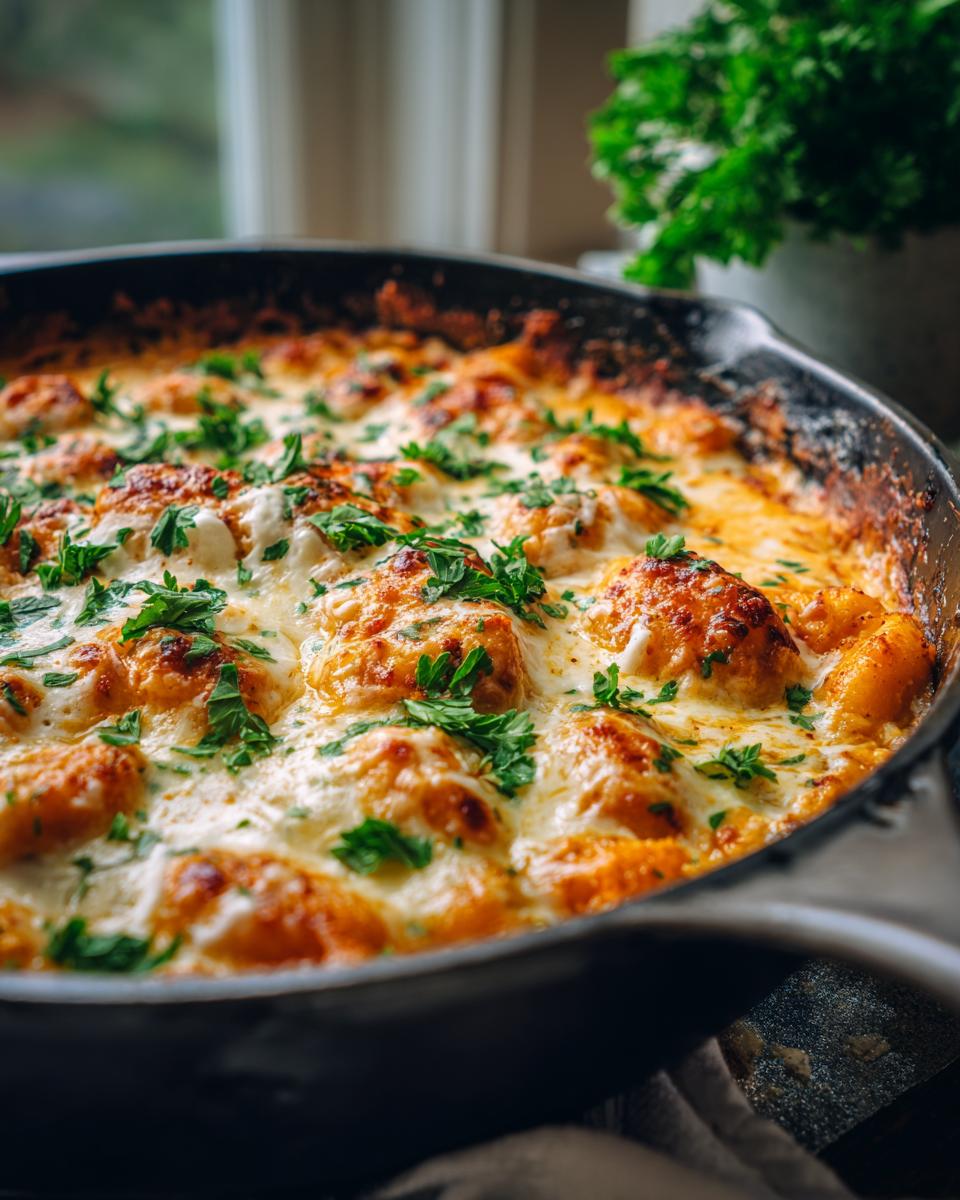 Close-up of a bubbly Pumpkin Gnocchi Bake in a cast-iron skillet, topped with melted cheese and fresh parsley.
