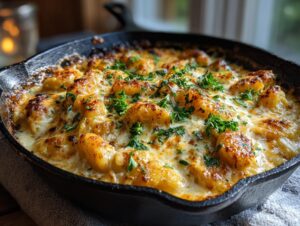Close-up of a bubbling Pumpkin Gnocchi Bake in a cast iron skillet, topped with melted cheese and fresh parsley.
