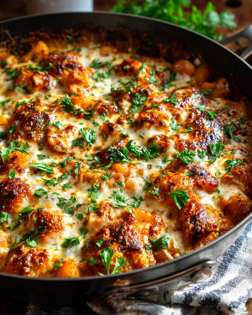 Close-up of a bubbling pumpkin gnocchi bake in a skillet, topped with melted cheese and fresh parsley.