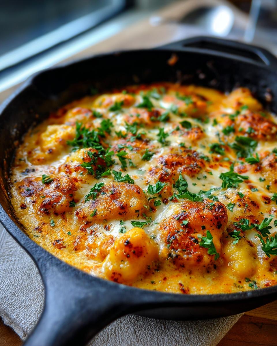 Close-up of a bubbling Pumpkin Gnocchi Bake in a cast iron skillet, topped with melted cheese and fresh parsley.