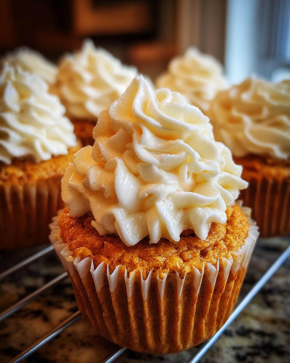 Close-up of a perfectly frosted pumpkin spice cupcake, with more cupcakes in the background on a cooling rack.