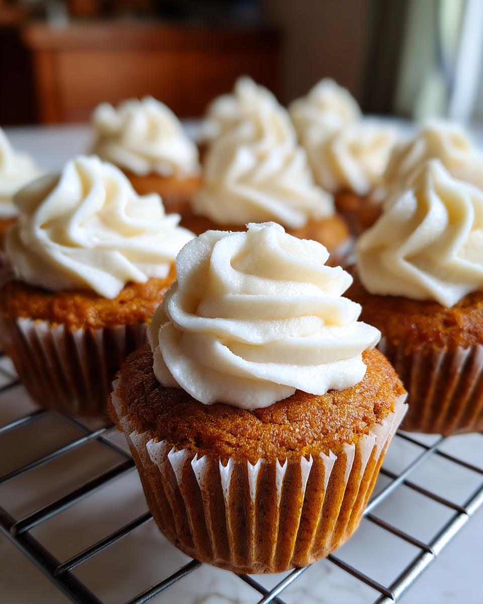 Close-up of freshly baked pumpkin spice cupcakes topped with swirls of cream cheese frosting.