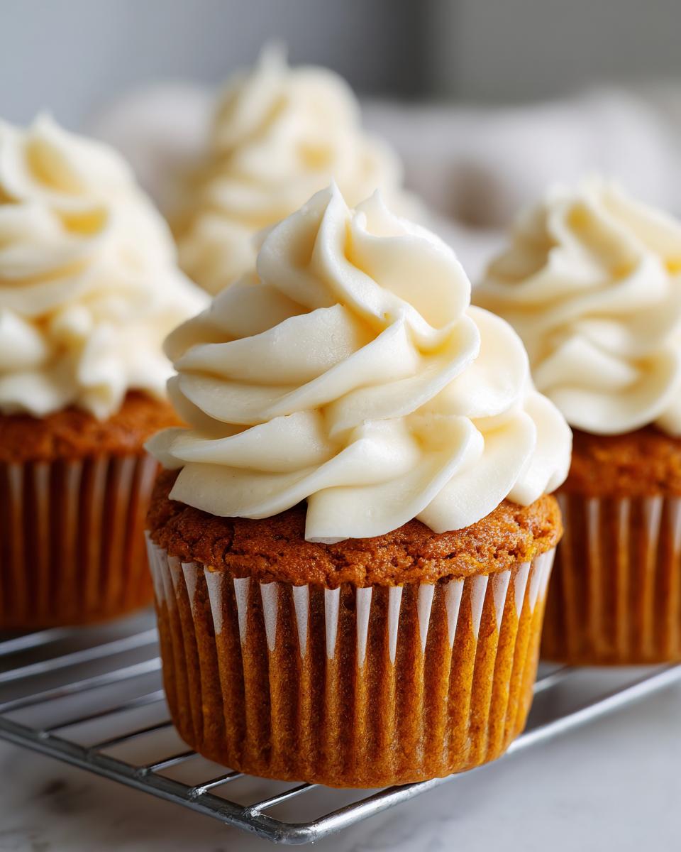 Close-up of a perfectly frosted pumpkin spice cupcake on a cooling rack, with more cupcakes in the background.