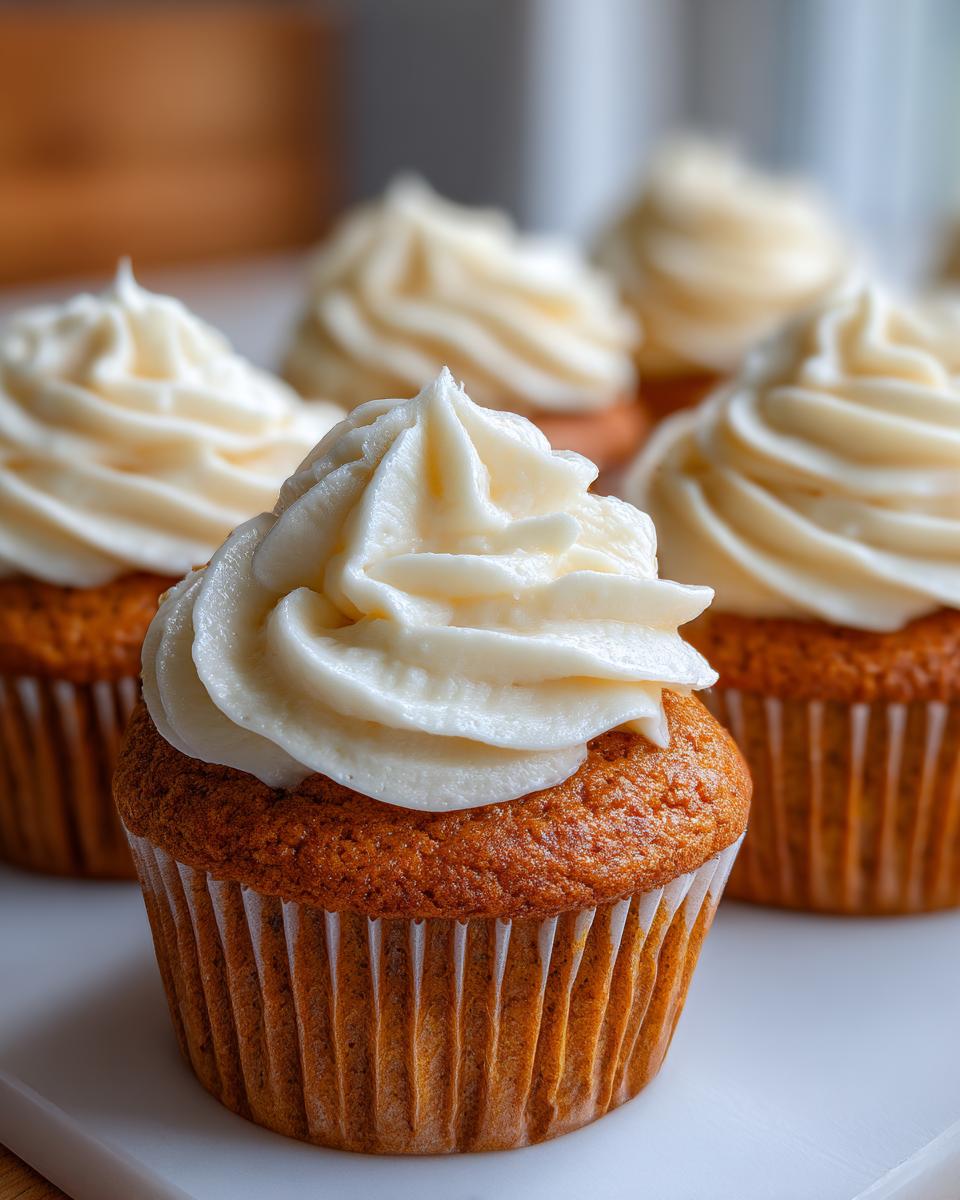 Close-up of a delicious pumpkin spice cupcake topped with swirls of creamy white frosting.