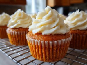 Close-up of perfect pumpkin spice cupcakes topped with swirls of cream cheese frosting on a cooling rack.