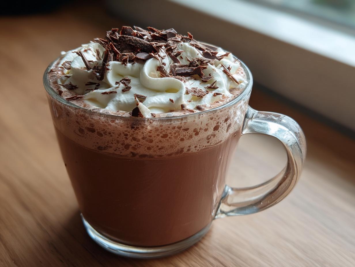 A steaming mug of ruby hot chocolate topped with whipped cream and chocolate shavings.