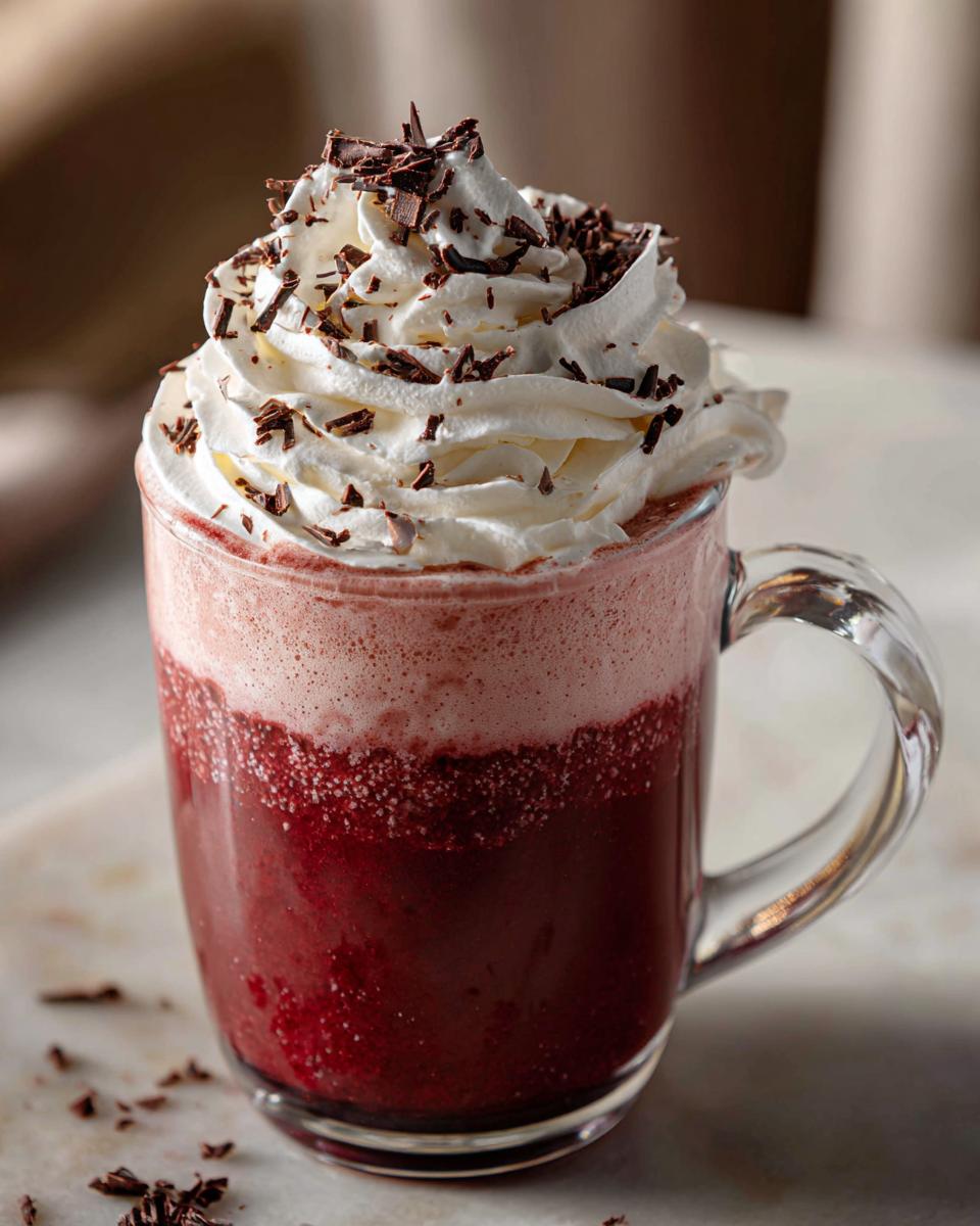 A close-up of a ruby hot chocolate in a glass mug, topped with whipped cream and dark chocolate shavings.