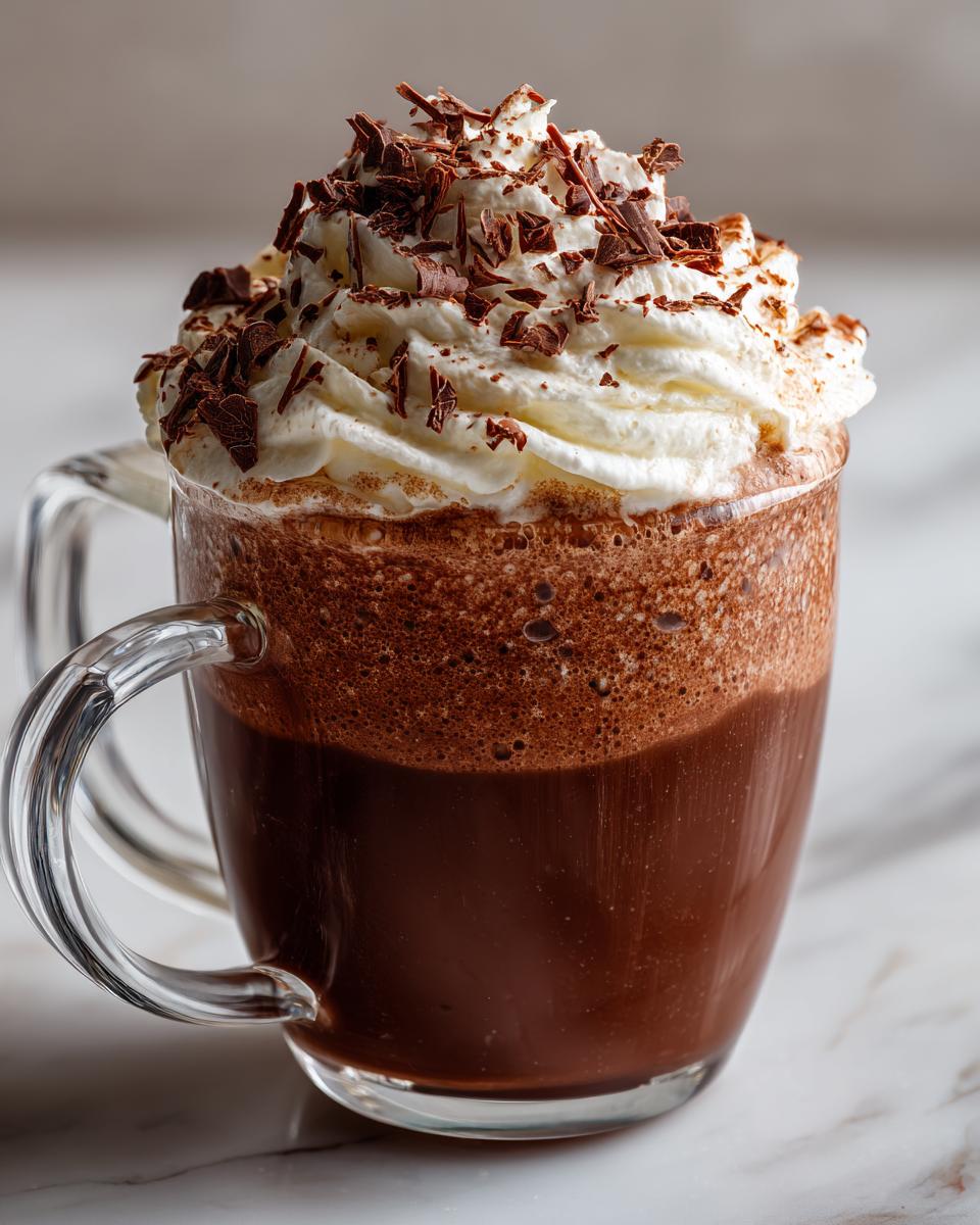 A close-up of a glass mug filled with rich ruby hot chocolate, topped with whipped cream and chocolate shavings.