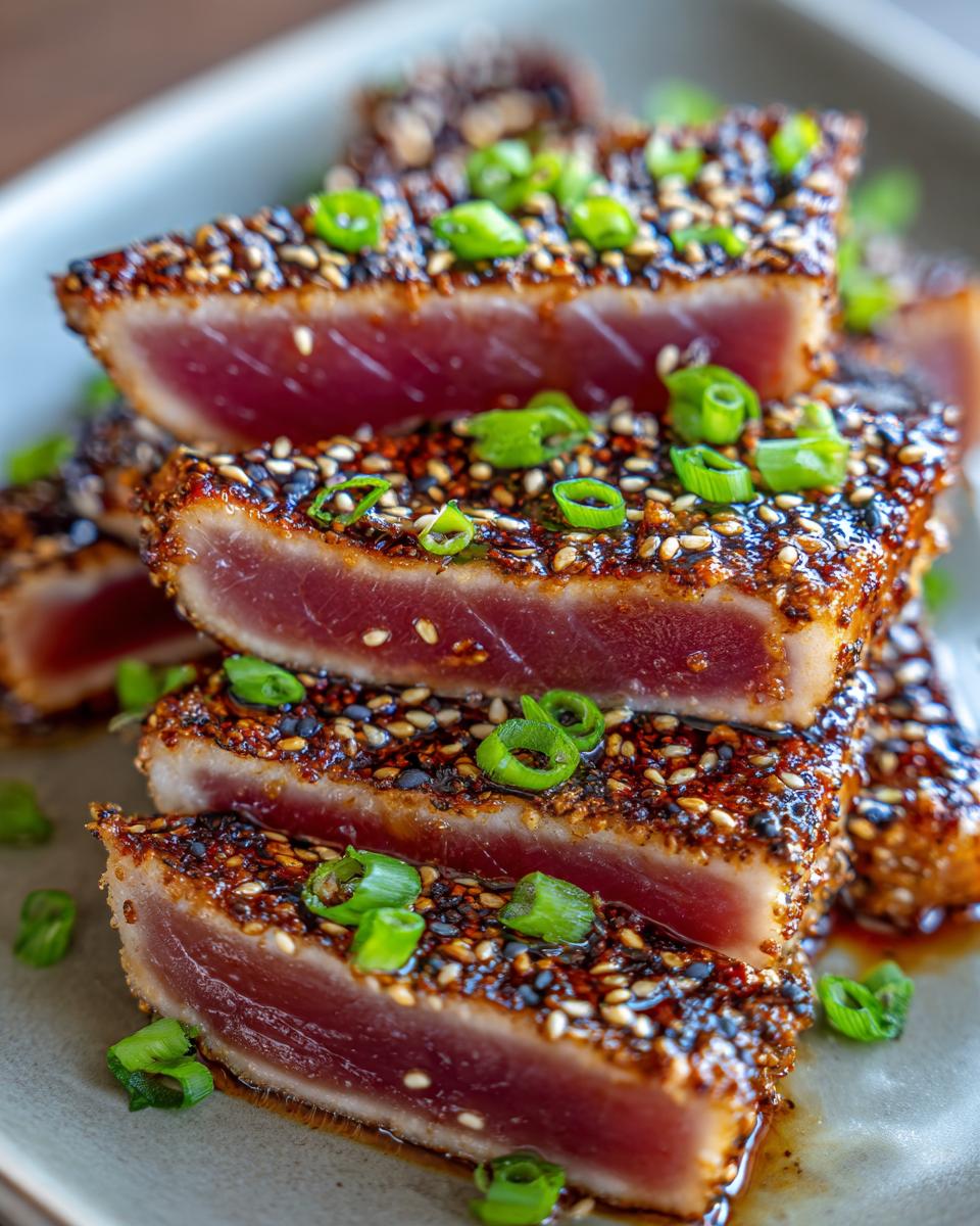Close-up of perfectly seared ahi tuna steaks, coated in sesame seeds and sliced, garnished with green onions.