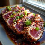 Close-up of perfectly seared ahi tuna slices coated in sesame seeds and green onions, served in a savory sauce.