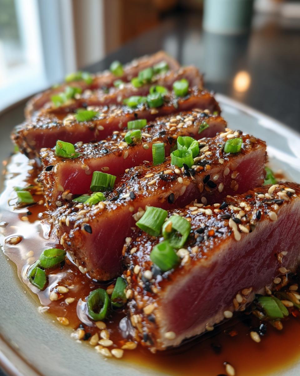 Close-up of sliced Seared Ahi Tuna, coated in sesame seeds and drizzled with sauce, garnished with chopped green onions.
