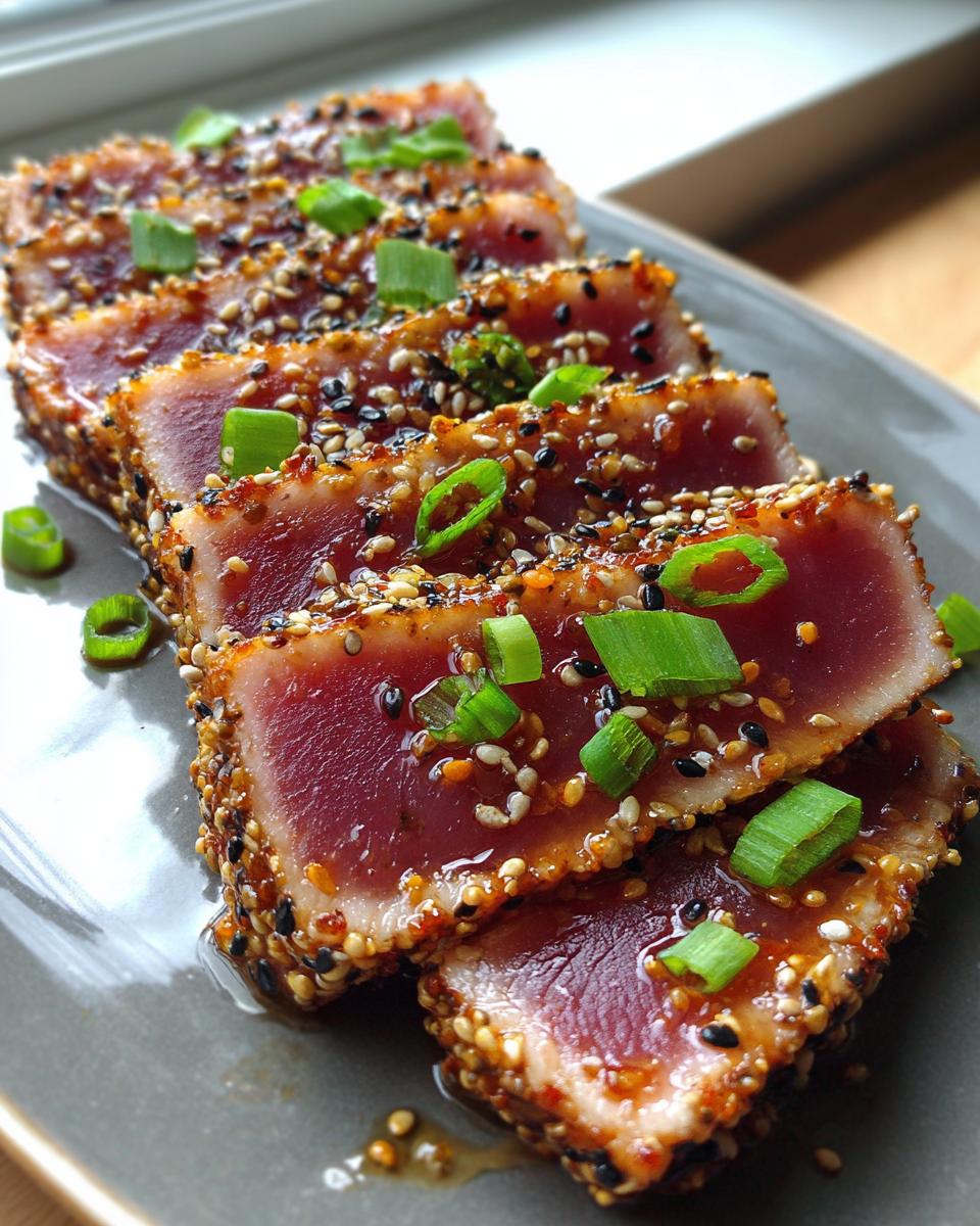 Close-up of perfectly seared ahi tuna slices, coated in sesame seeds and topped with fresh green scallions.