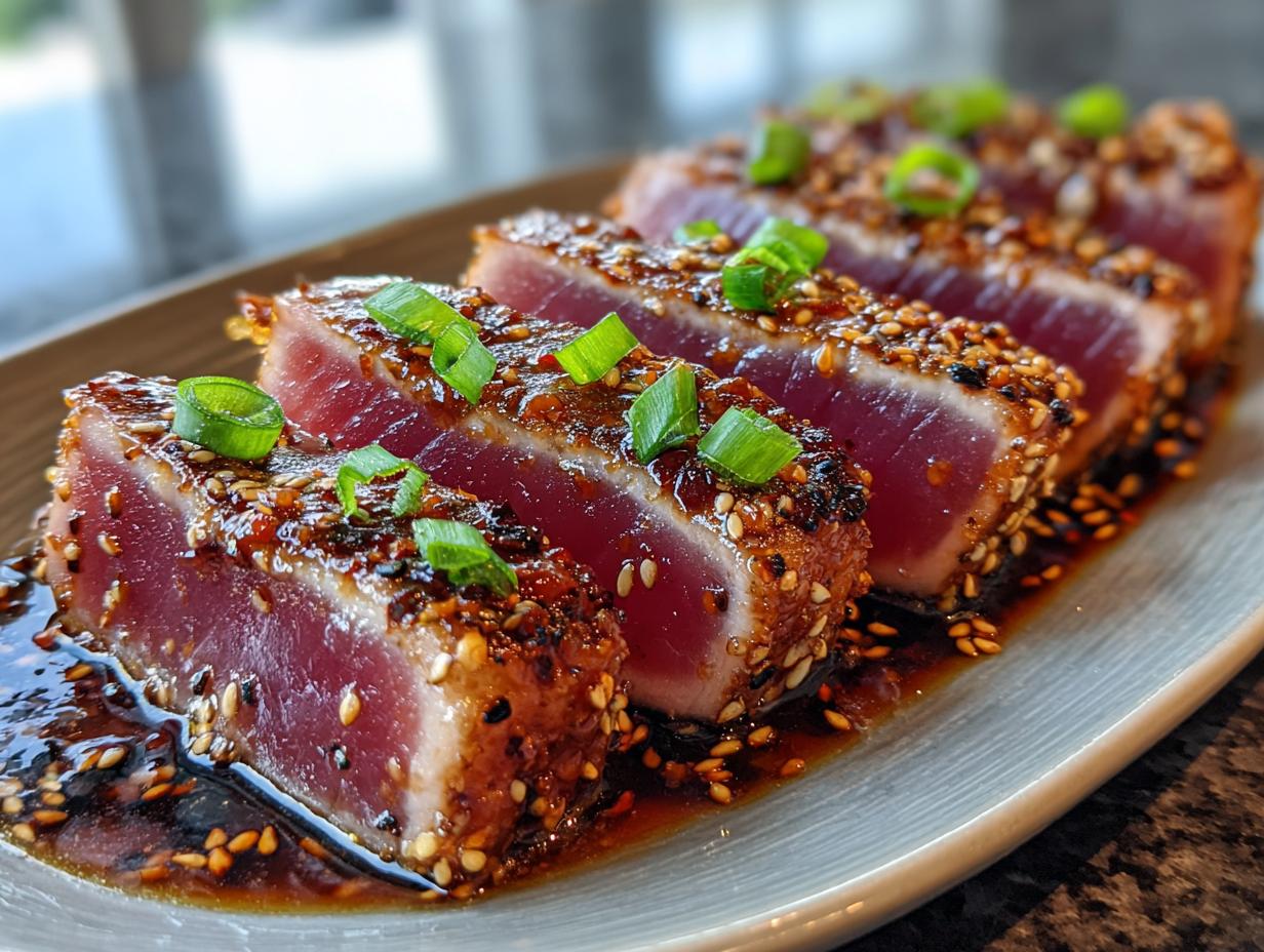 Close-up of perfectly seared ahi tuna steaks, coated in sesame seeds and sliced, garnished with green onions.