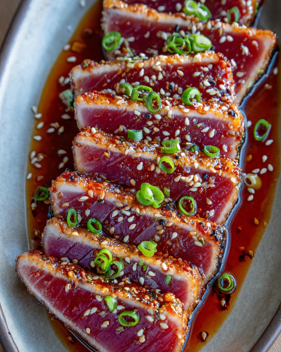 Close-up of perfectly seared ahi tuna slices, coated in sesame seeds and drizzled with sauce, garnished with green onions.