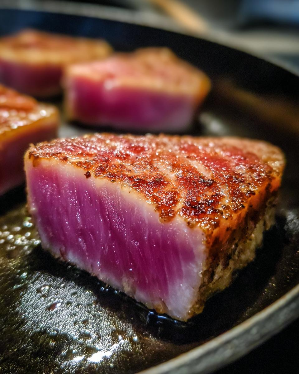 Close-up of a perfectly seared MARINADE FOR TUNA STEAK with a vibrant pink interior, cooking in a pan.
