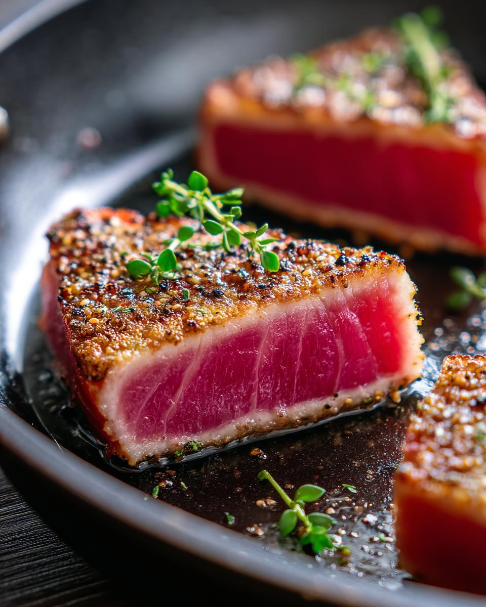 Close-up of a perfectly seared MARINADE FOR TUNA STEAK, crusted with spices and garnished with fresh thyme.
