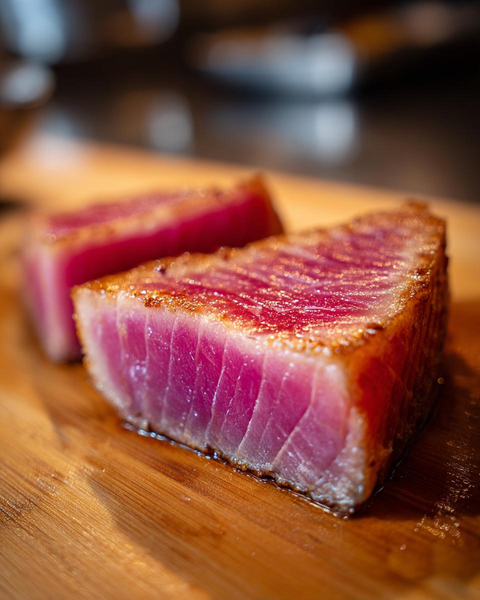 Close-up of two perfectly seared tuna steaks, showcasing their vibrant pink interior and golden-brown crust, prepared with a flavorful MARINADE FOR TUNA STEAK.