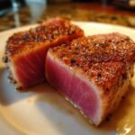 Close-up of two seared tuna steak portions, showcasing their pink interior and seasoned crust, perfect for a MARINADE FOR TUNA STEAK.