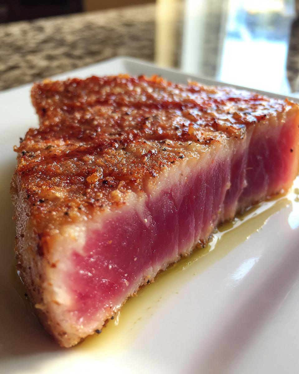 A close-up of a perfectly seared tuna steak, with a beautiful pink interior and a golden-brown crust.