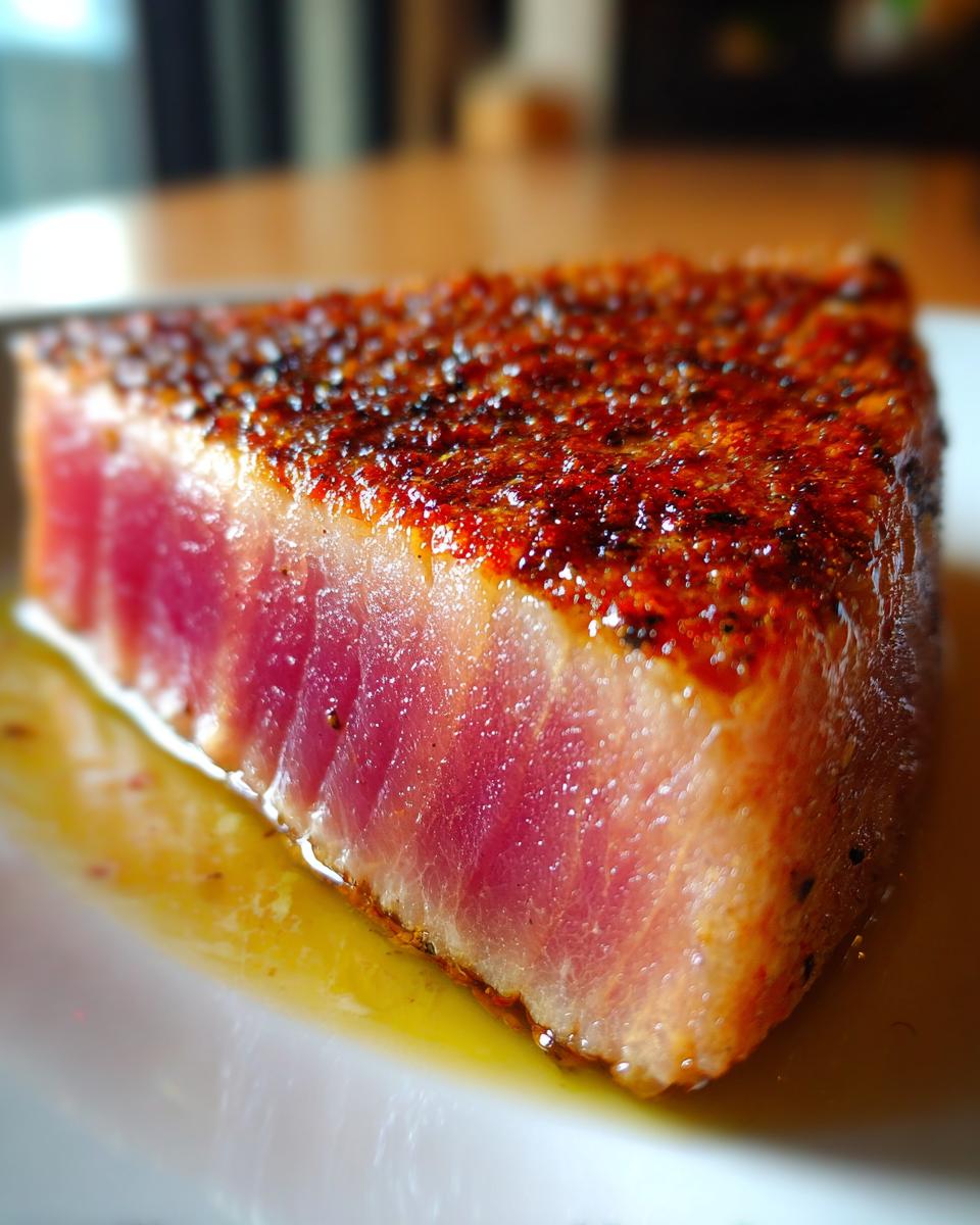 Close-up of a perfectly seared tuna steak slice, showing a vibrant pink interior and a beautifully browned crust.