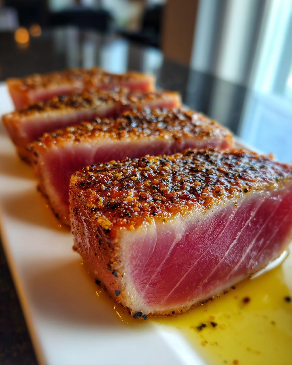 Close-up of perfectly seared tuna steaks with a pepper crust, served on a white plate with olive oil.