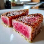 Two perfectly seared tuna steaks with a vibrant pink interior, seasoned with pepper.