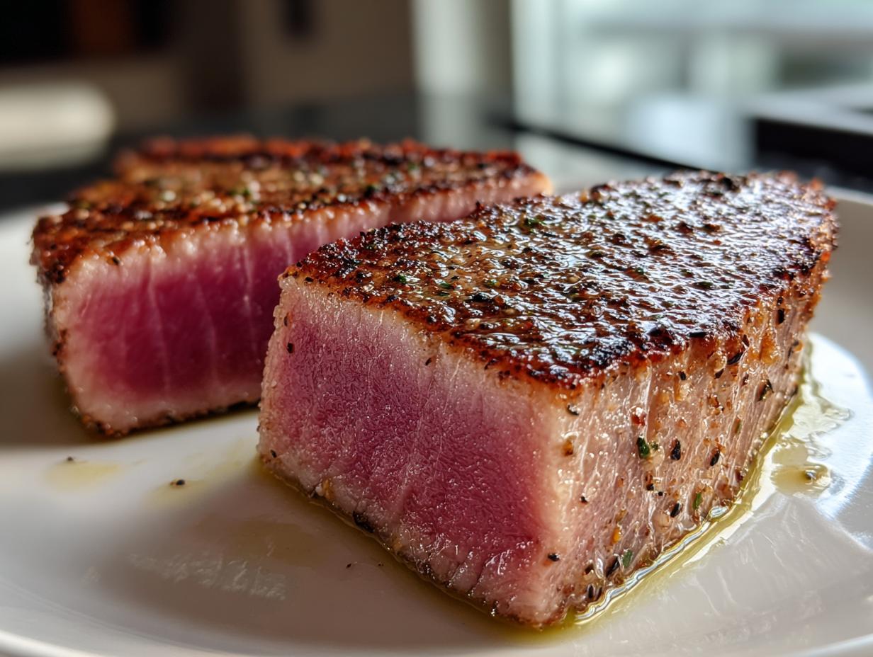 Close-up of two perfectly seared tuna steaks with a pink, rare center, seasoned and glistening.