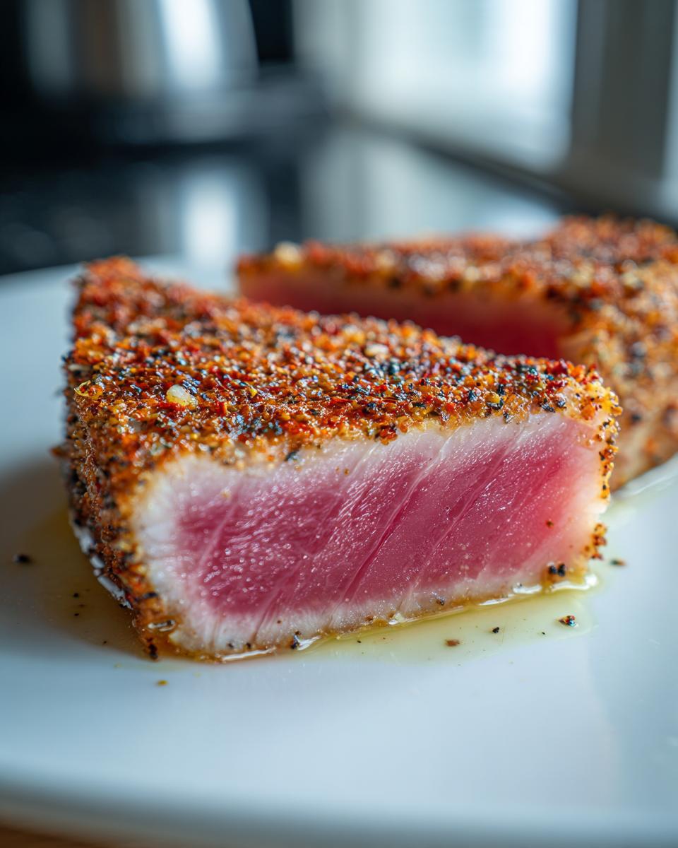 Close-up of two perfectly seared tuna steaks with a vibrant pink center, coated in a spice rub.
