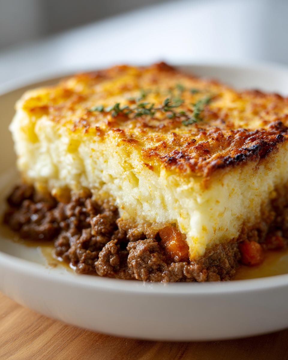 A close-up of a serving of Shepherd's Pie with Ground Beef, showing the rich meat filling topped with golden mashed potatoes.