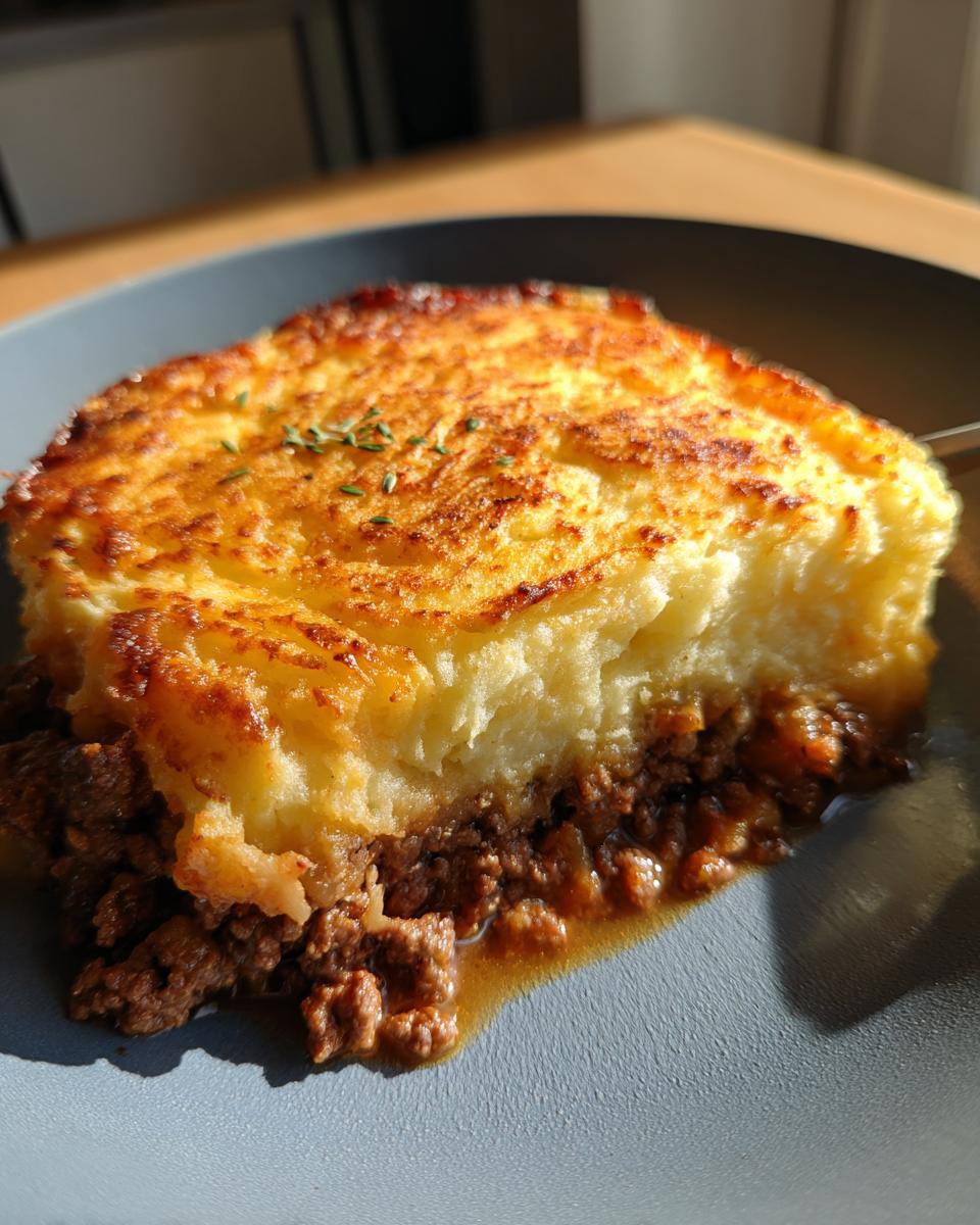 A close-up of a hearty slice of Shepherd's pie with ground beef and a golden mashed potato topping.